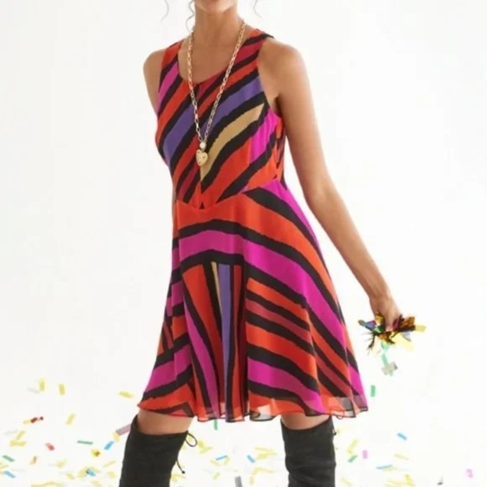 Cabi Fete Dress Size M A-Line Flowy Festive Striped Red Orange Purple
